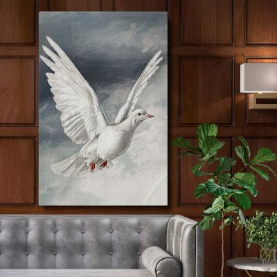 White Pigeon in Flight - Vintage Sky Illustration Symbolizing Peace and Hope
