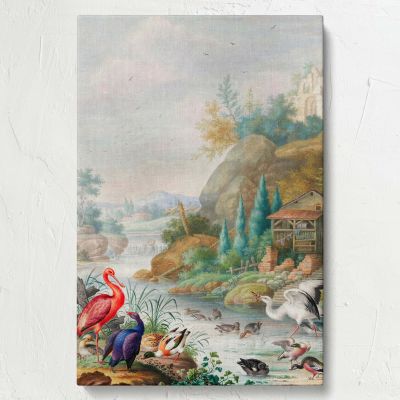 Birds near a Mountain Stream - Colorful Rustic Nature Scene By Herman Henstenburgh 