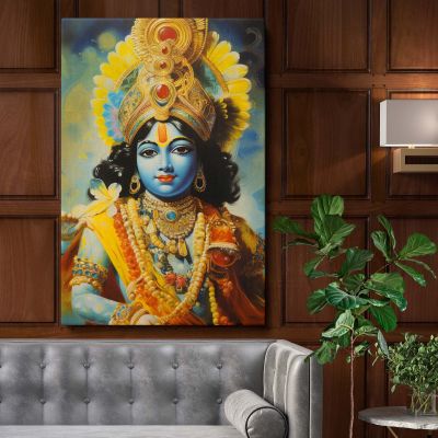 Lord Krishna - Colorful Blue Hindu Deity Portrait