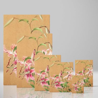 Lilies - Pink Botanical Flowers on Beige By L. Prang & Co. 