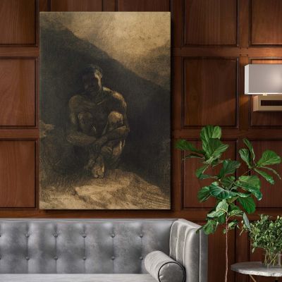 Primitive Man - Solitary Seated Nude in Shadows By Odilon Redon 