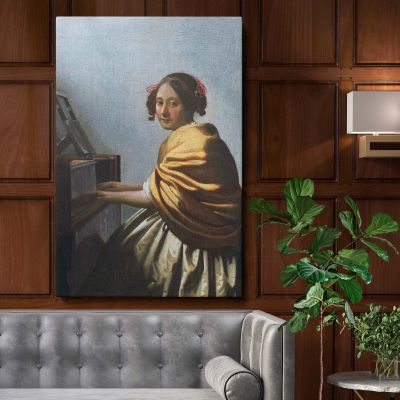 A Young Woman Seated at the Virginals - Elegant Music Portrait By Johannes Vermeer 