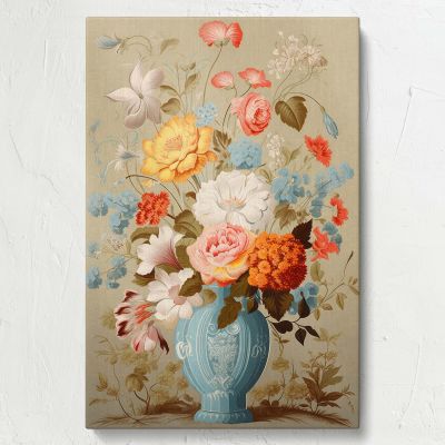 Floral Still Life in Ornate Blue Vase - Pastel Botanical Art