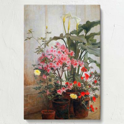 Side of a Greenhouse - Blooming Potted Flowers Scene By George Cochran Lambdin 