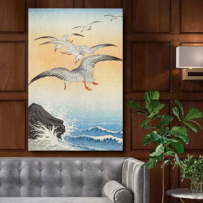 Five Seagulls Above Sea - Elegant Japanese Ocean Print By Ohara Koson 