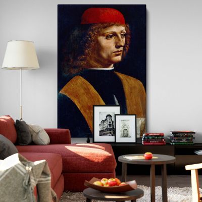 Portrait of a Musician - Renaissance Male with Red Cap By Leonardo da Vinci 