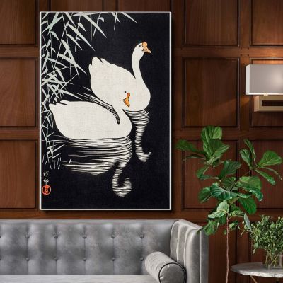 White Chinese Geese - Elegant Water Scene with Reeds By Ohara Koson 