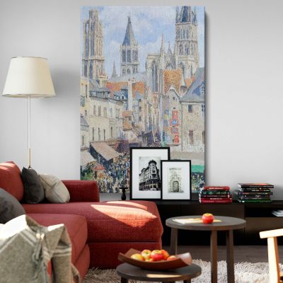 Grocery Street, Rouen - French Market with Cathedral By Camille Pissarro 