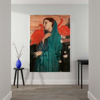 Young Woman with Ibis - Red Birds and Teal Dress By Edgar Degas 