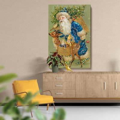 Santa in Blue with Reindeer - Vintage Holiday Postcard Scene