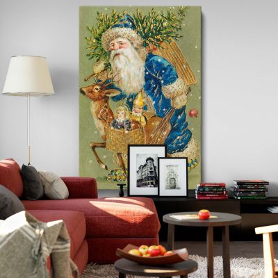 Santa in Blue with Reindeer - Vintage Holiday Postcard Scene
