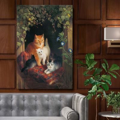 Cat with Kittens - Cozy Family in Basket Scene By Henri'tte Ronner 