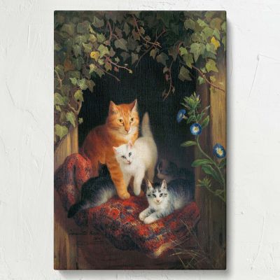Cat with Kittens - Cozy Family in Basket Scene By Henri'tte Ronner 