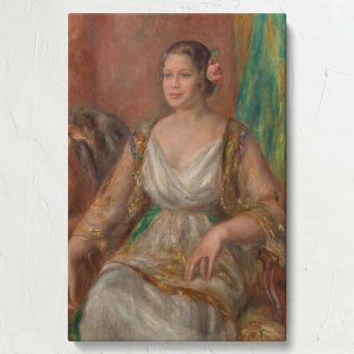 Tilla Durieux - Woman in White Dress with Rose By Pierre-Auguste Renoir 