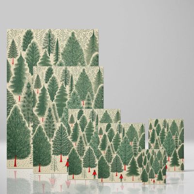 Whimsical Forest Scene - Red-Coated Figure Among Evergreen Trees