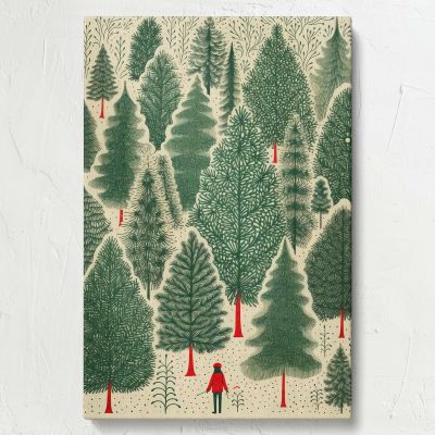 Whimsical Forest Scene - Red-Coated Figure Among Evergreen Trees