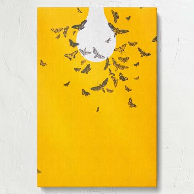 Moths and Bulb - Modern Yellow Background Butterfly Art