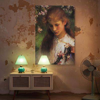 Apple Blossom Portrait by George Clausen - Pink Flowers and Pensive Gaze 