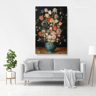 Bouquet Flowers in Blue Vase Painting Print Poster Canvas with Frame or Rolled Canvas