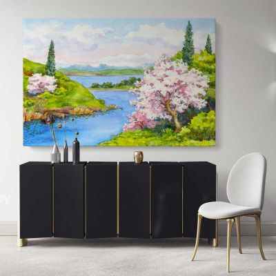 Landscape Canvas Watercolour Painting with Frame Trees Sea Print on Canvas Wall Hangings Modern Wall Art ation Living Dining Room