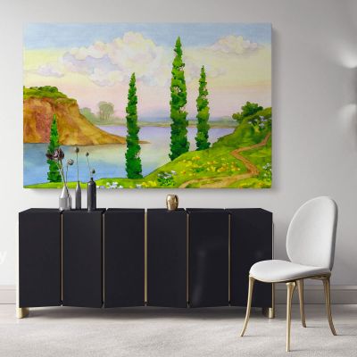 Landscape Canvas Watercolour Painting with Frame Trees Mountain Print on Canvas Wall Hangings Modern Wall Art Living Dining Room
