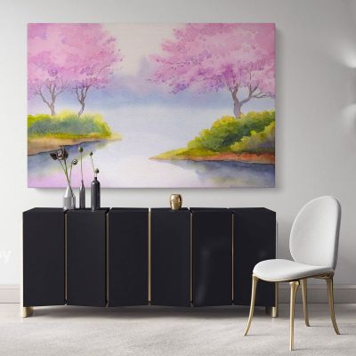 Landscape Spring Watercolour Painting Canvas with Frame Trees Print on Canvas Wall Hangings Modern Wall Art Living Dining Room