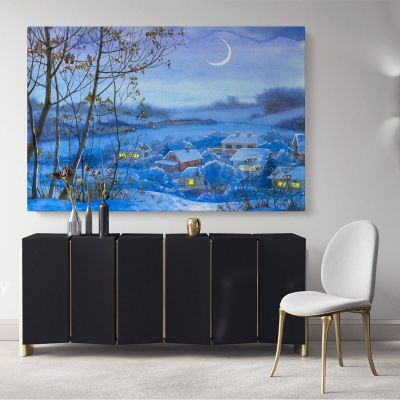 Beautiful Moon Light Watercolour Painting Canvas with Frame Trees House Print Landscape Canvas Wall Hangings Modern Wall Art Gift