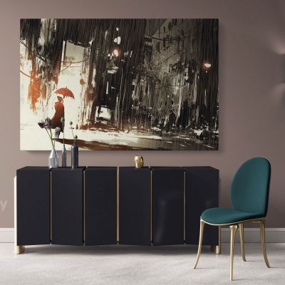 Girl Walking Rainy Night Rain Painting Canvas with Frame / Roll Modern Print Poster Living Room Abstract Mural Gift Wall Hangings