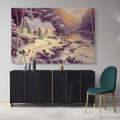 Winter Christmas Vintage Village Scene Holiday Decor Wall Art Print Painting On Framed Canvas