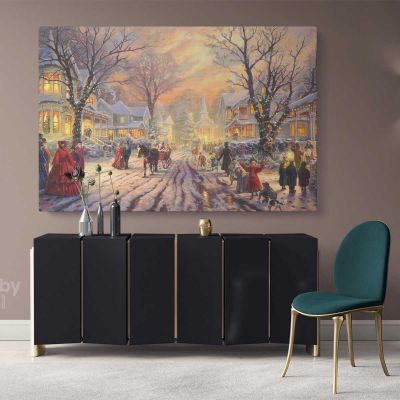 Vintage Christmas Village Scene Winter Holiday Decor Wall Art Print Painting On Framed Canvas