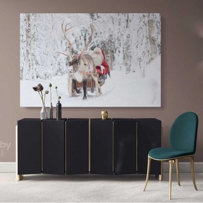 Santa Claus's Reindeer Christmas Winter Snow Scene Decor Wall Art Print Painting On Framed Canvas