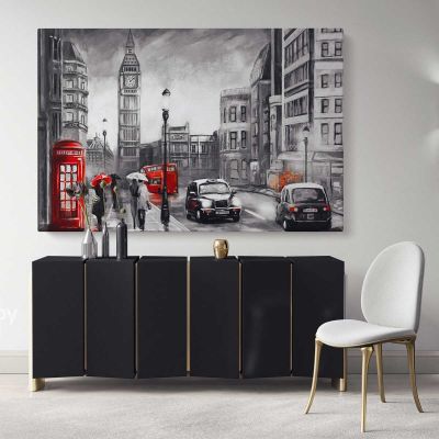 Oil Painting Street View London Black White & Red Artwork Canvas London Big Ben Print Poster Home Decor Bedroom Wall Hangings Mural Gifts
