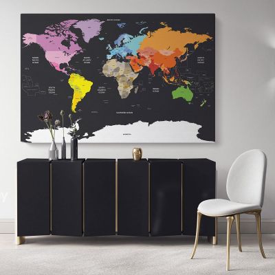 Black Background with Large Bright Colorful WorldMap WallMap Canvas With Frame For Wall Art Canvas