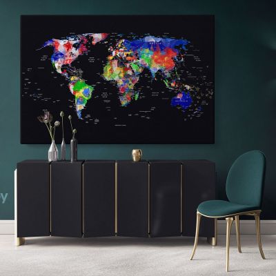 Geometric Design World Map With Country And City Names World Map Wall Art World Map Canvas Large World Map Canvas With Frame For Home Decor