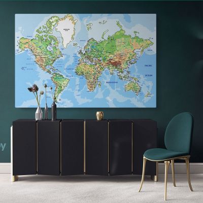 Giant World Map Atlas Geography Political Canvas Print In Different Sizes Blue Ocean Bedroom Living Room For Canvas