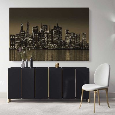 New York Skyline Cityscape Night View Canvas with Frame Wall Artwork Hangings Print Poster Home Decoration Living Room Bedroom Mural Gift