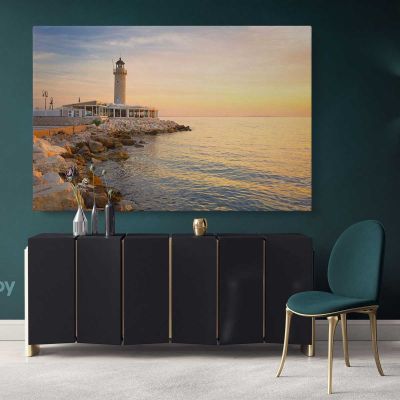 Lighthouse in Patras Greece Landscape Canvas with Frame Greek City Wall Artwork Hangings Print Home Decor Living Room Bedroom Mural Gift