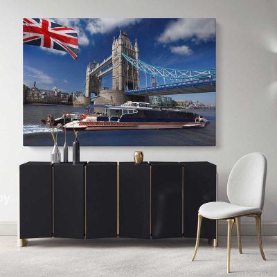 British Flag motor ship Tower Bridge London City Landscape Canvas with Frame Wall Hangings Print Home Decor Living Room Bedroom Mural Gift