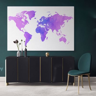 Modern Bright Purple Water Colorfull World Map Canvas Print Large Colorful Playroom Wall Art Decor For Home