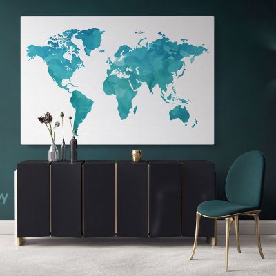 Modern Bright Teal Blue Water Colorfull World Map Canvas Print Large Colorful Kids Playroom Wall Art Decor For Home