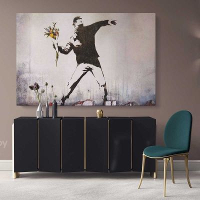Banksy Flower Thrower Graffiti Street Arts Urban Modern Art Print Canvas with Frame / Roll Modern Poster Abstract Mural Gift Wall Hangings