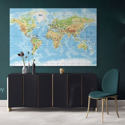 Highly Detailed Political World Map Canvas Giant Blue Ocean Map Wall Canvas With Frame For Home Decor