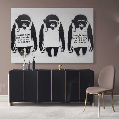 Banksy Monkey Laugh Now Street Arts Print in Canvas with Frame