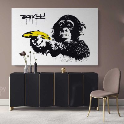 Monkey with Banana Banksy Graffiti Street Wall Arts Print in Framed Canvas