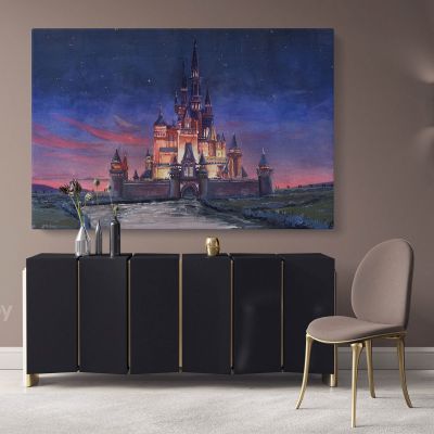 Painting Gouache Disney Castle, Jessy Roig Painting Wall Art Print Poster Canvas with Frame Artwork Picture Home Wall Hangings Mural Gifts