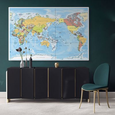Official Detailed Political World Map Canvas Giant Blue Ocean Map with Different Size For Home Decor