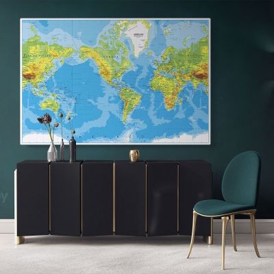 Official World Map Atlas Geography Political Canvas Print In Different Sizes Blue Ocean Bedroom Living Room For Canvas Home Gift Map Mural Map