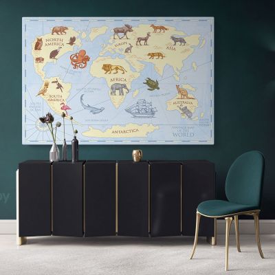 Nursery Vintage Map Of the World Kids Animal Maps Canvas Gift Home Decor For Wall Hanging