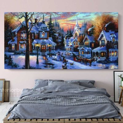 Panoramic Vintage Winter Christmas Village Scene Holiday Decor Framed Canvas