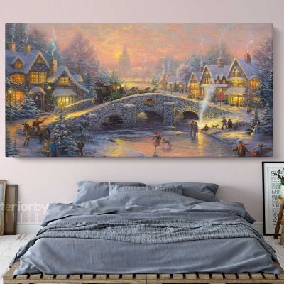 Winter Christmas Vintage Village Scene Holiday Decors On Framed Canvas